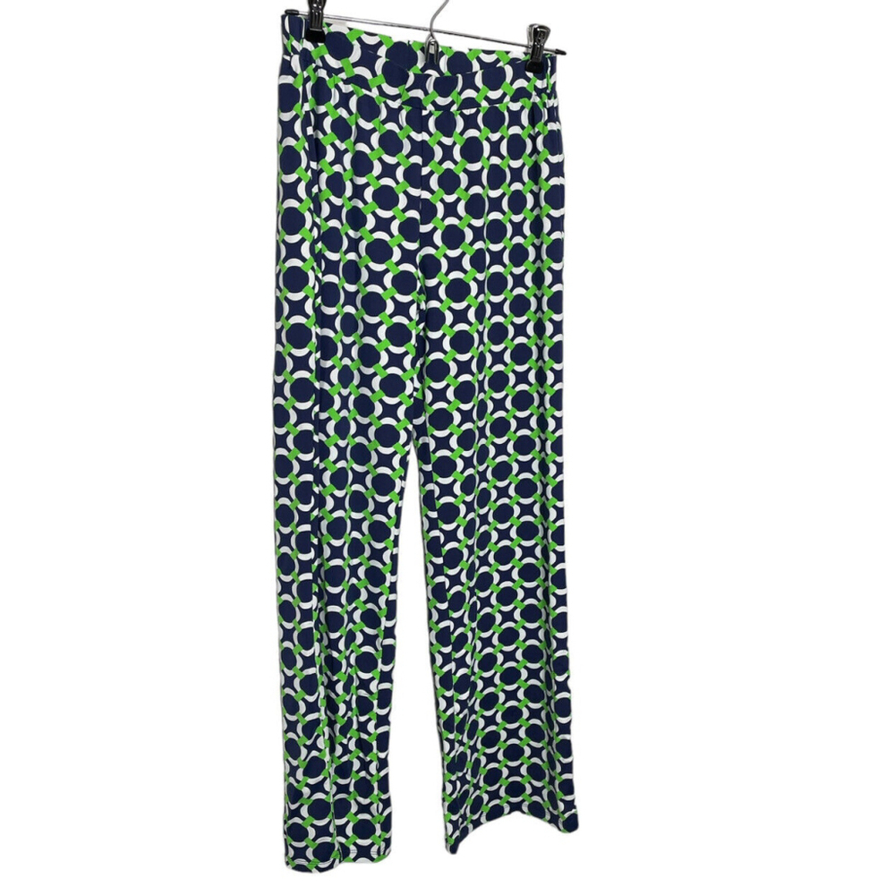 Katherine Way Womens Size XS Navy Blue Green White Chain Link Print Pants